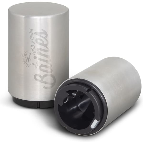 A drink bottle opener in silver stainless steel with a black base, featuring a logo on one side.