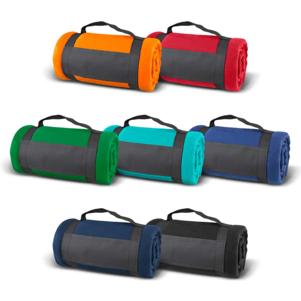 A set of rolled fleece blankets in orange, red, green, teal, blue, navy, and black, each with a strap.