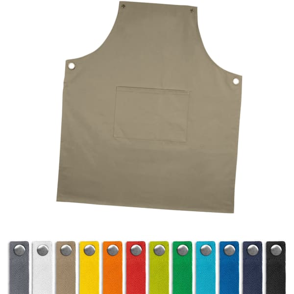 A beige bib apron featuring a front pocket and round metal snaps, with a colour selection below including various vibrant shades.