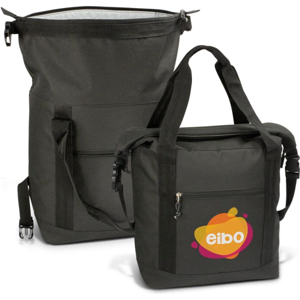 A roll top cooler bag in black with adjustable straps and a front pocket, featuring a logo on one side.
