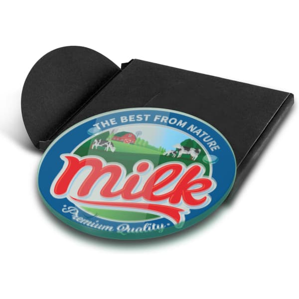 A round glass coaster in vibrant colours featuring a logo, placed on a black holder.
