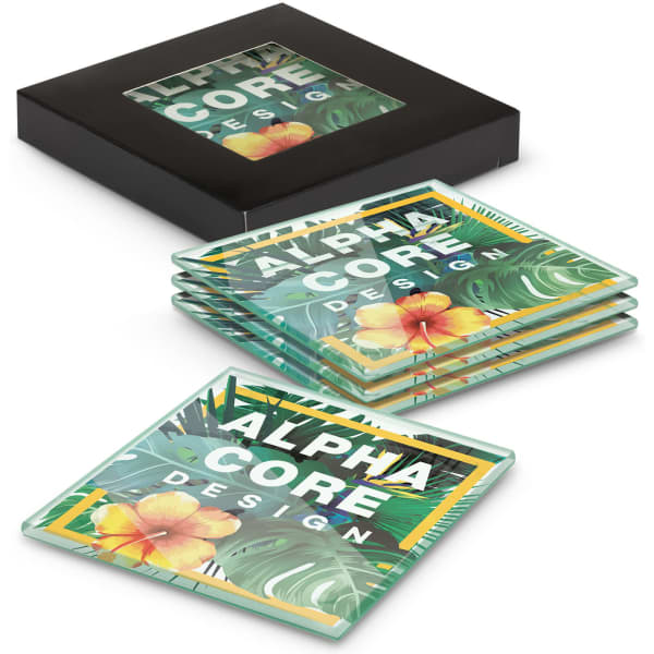 Square glass coasters in full colour featuring floral designs, neatly arranged in a black box with a logo.