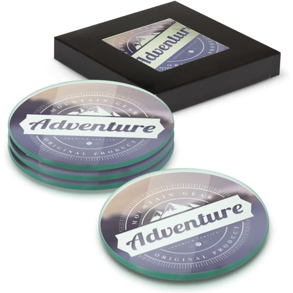 A set of four round glass coasters in full colour, featuring a logo, presented in a black box.