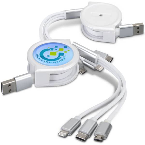 A white retractable charging cable with multiple connectors, featuring a logo on the circular base.