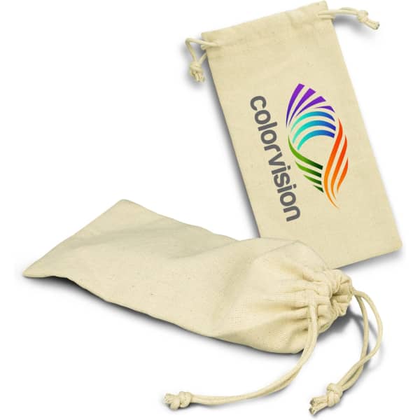 A cotton sunglass pouch in cream colour, featuring a drawstring closure and a logo.