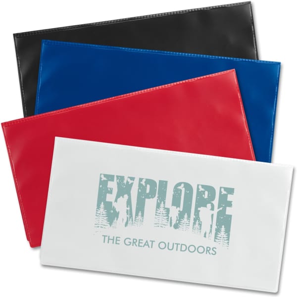 A collection of vinyl travel wallets in black, blue, red, and white, featuring a logo on the white wallet.