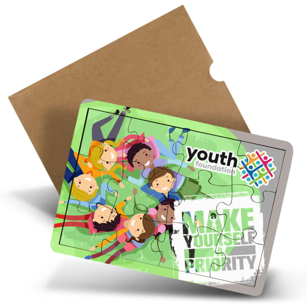 A colourful wooden puzzle featuring diverse children, packaged with a brown box and a logo on the front.