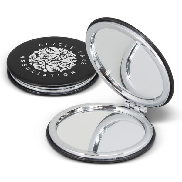 A compact mirror with a black exterior featuring a logo, opening to reveal two reflective surfaces inside.