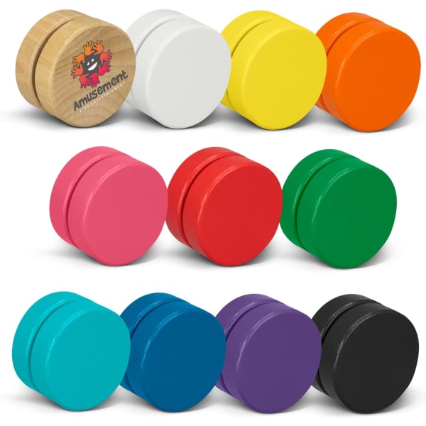 A set of colourful wooden yoyos in white, yellow, orange, pink, green, blue, purple, and black, with a logo on one.