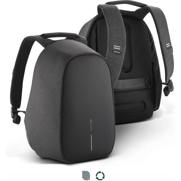 A grey and black backpack with adjustable straps and a sleek design, featuring a branding logo.