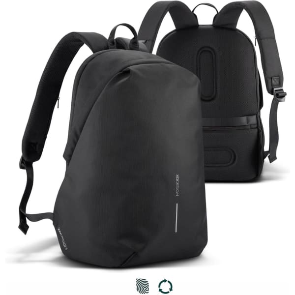 A black backpack with a minimalist design, featuring adjustable straps and a sleek shape. It has a logo on it.
