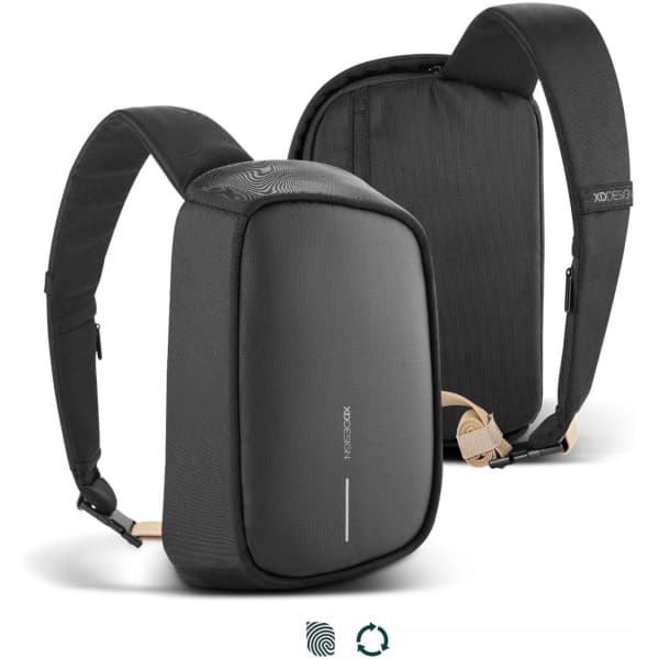 A sling bag in black with a sleek design, featuring adjustable straps and a logo.