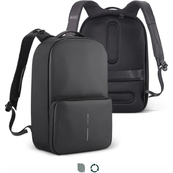 A black gym bag with padded straps and a front pocket, featuring a sleek, minimalist design and a logo.