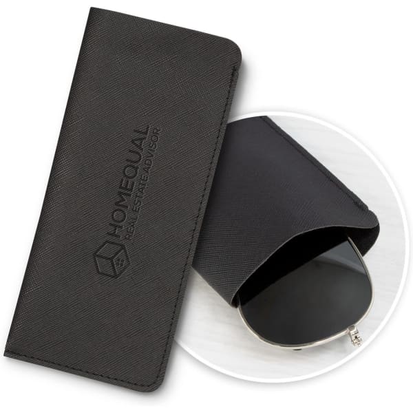 A black sunglass pouch with a logo, holding a pair of sunglasses partially visible.
