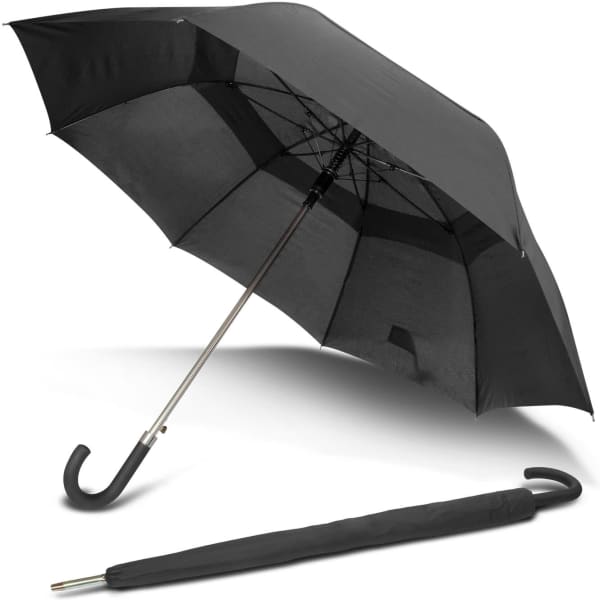 A black umbrella with a curved handle, displayed open and folded, featuring a metallic frame.