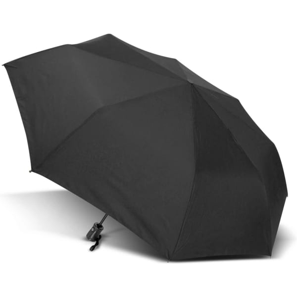 A black umbrella with a compact design and a curved handle, featuring a logo on its canopy.