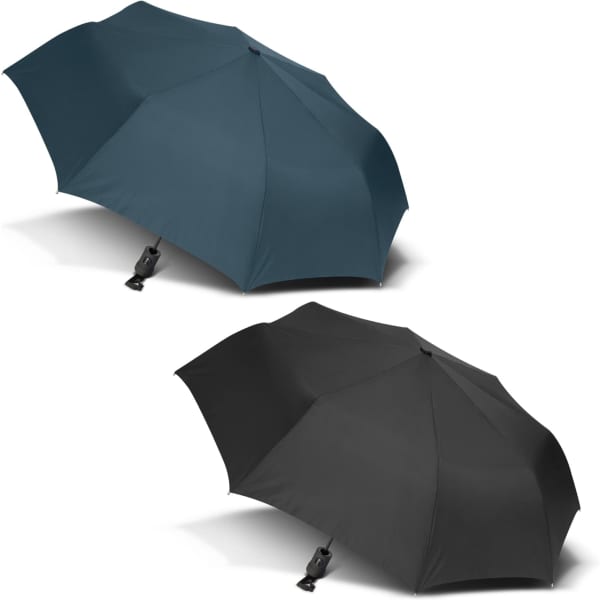 A tri-fold umbrella in navy blue and black, featuring a simple design and a branding logo.