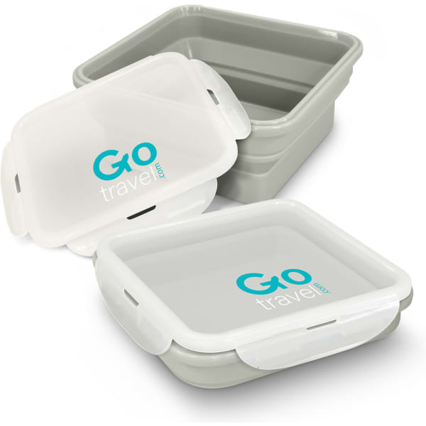 A grey collapsible lunch box with a transparent lid. Features a logo on the lid and two stacked boxes.