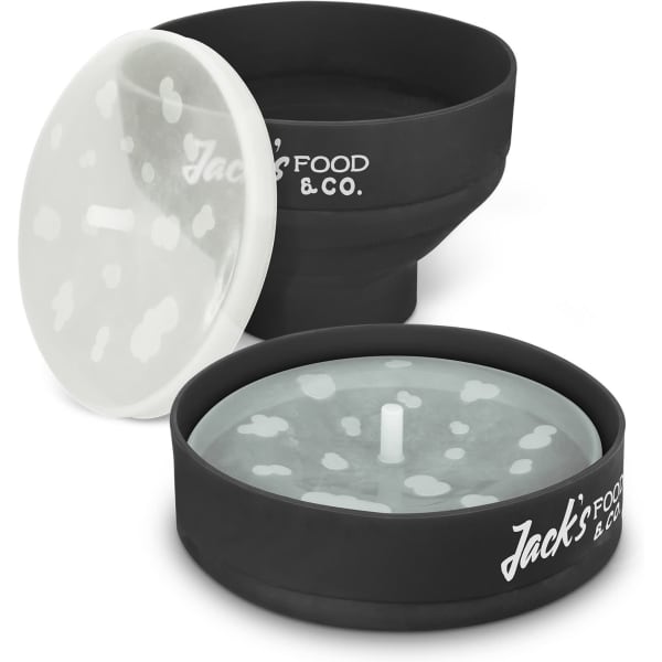 A silicone microwave popcorn popper in black with a transparent lid featuring a logo. Ideal for easy popcorn preparation.