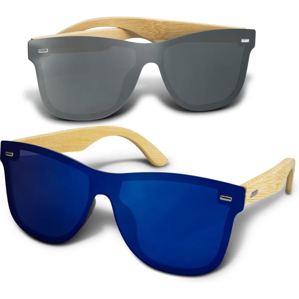 Two pairs of sunglasses with bamboo arms, one with grey lenses and the other with blue lenses.