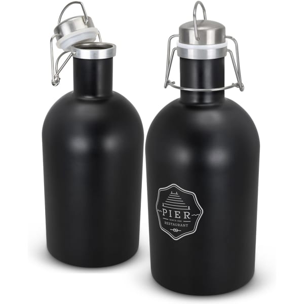 A drink bottle featuring a matte black finish and a metal cap, with a logo on the front.