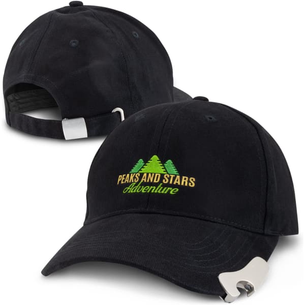 A drink bottle opener cap features a black cap with a curved brim and an adjustable strap, showcasing a logo.
