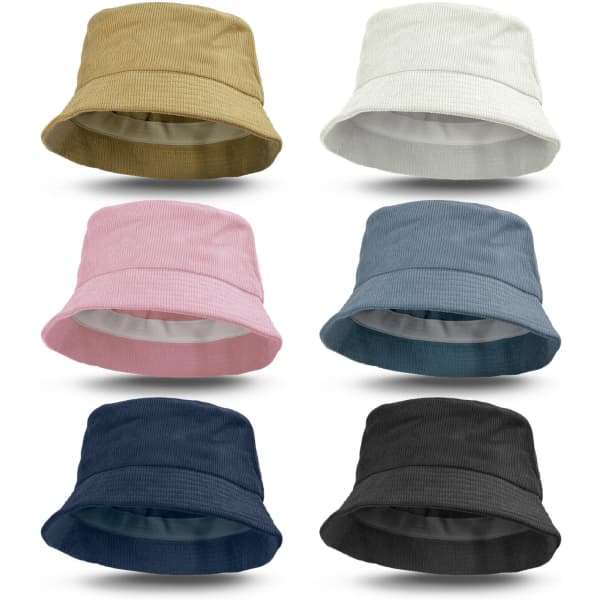 A collection of six Madura corduroy bucket hats in khaki, white, pink, blue, navy, and black, each with an inner lining and branding.