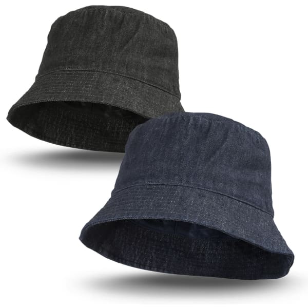 Denim bucket hats in black and dark blue, featuring a branded logo, with a wide, relaxed brim.
