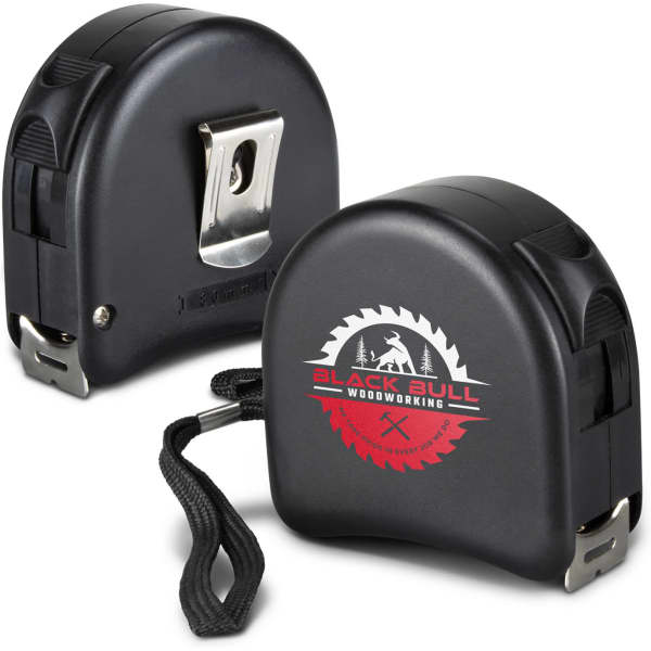 A black tape measure with a branded logo, featuring a retractable design and a wrist strap.