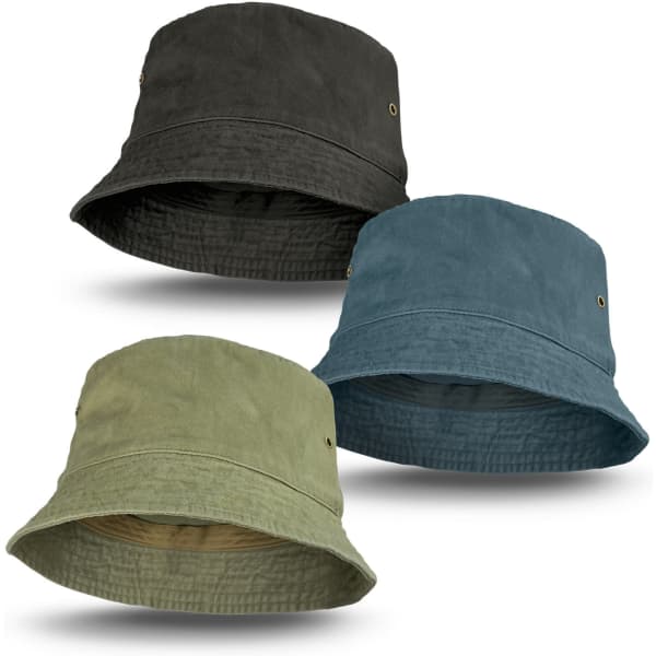 Three faded bucket hats in dark green, teal, and olive, featuring a simple design and subtle metallic accents.