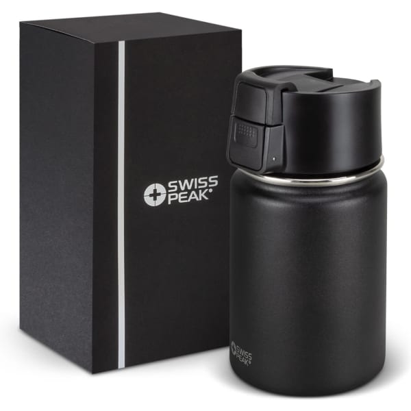A drink bottle in matte black, with a lid and a sleek design, alongside a rectangular black box featuring a logo.