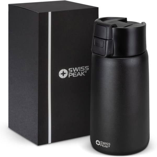 A drink bottle in matte black with a spill-proof lid, accompanied by a sleek, branded box.