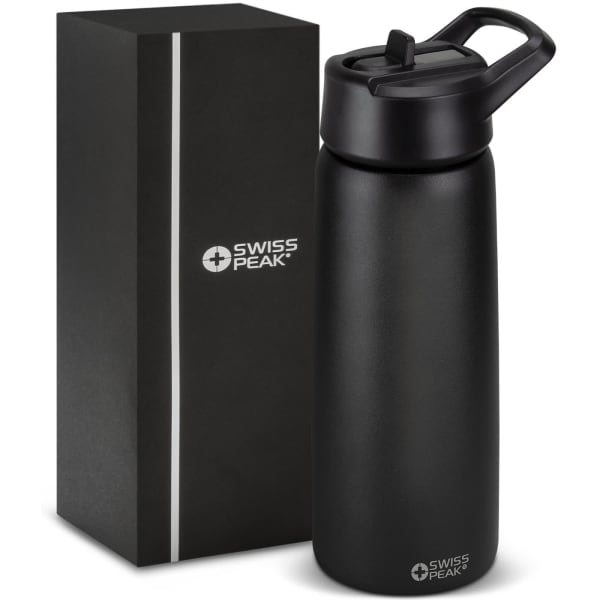 A drink bottle with a matte black finish, featuring a flip-top lid and stored in a black box with branding.