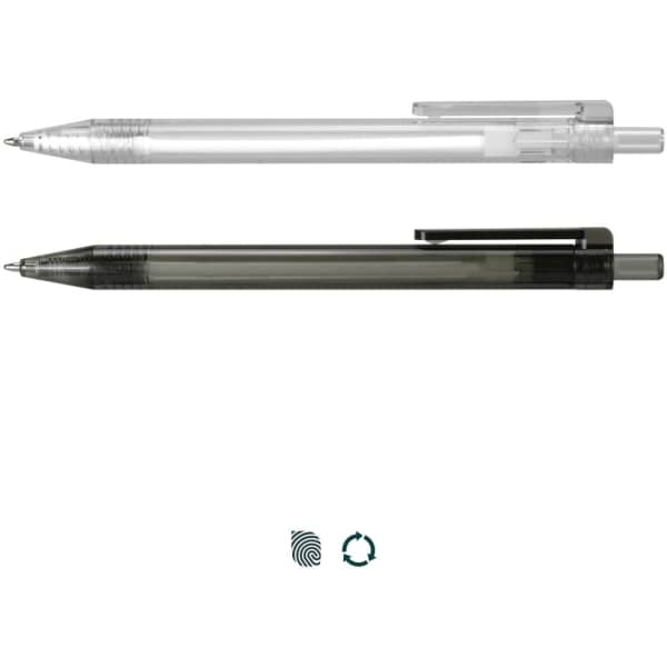 Two RPET pens, one clear and one black, featuring a clip and a branding logo. Both are made from recycled materials.