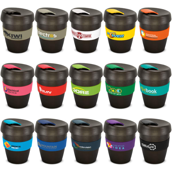 A drink bottle collection featuring black cups with various coloured silicone bands and logos. Each has a unique design.