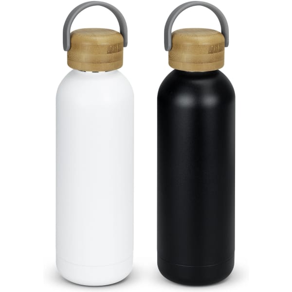 A drink bottle set featuring a white and a black stainless steel bottle, both with wooden lids and grey handles.