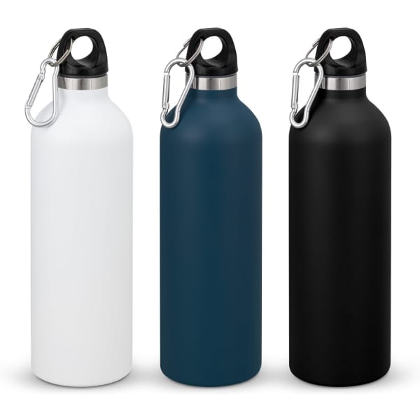 A drink bottle set featuring white, teal, and black vacuum bottles with a carabiner clip and a logo.