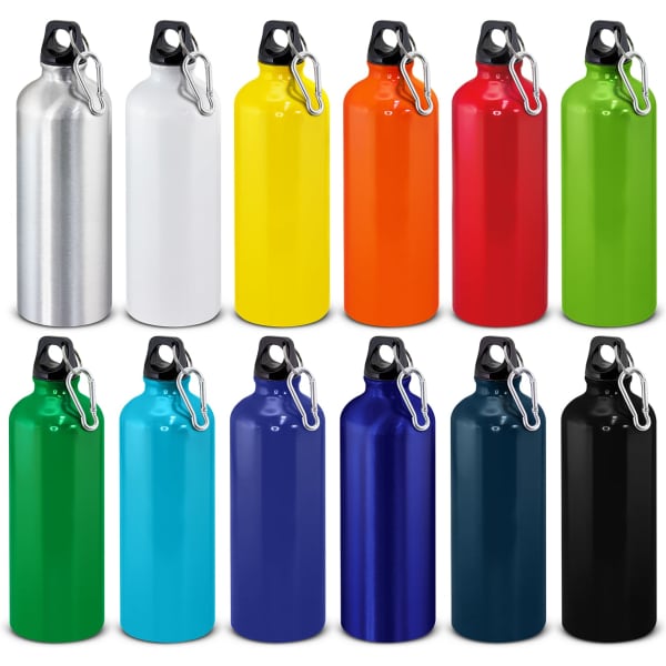 A drink bottle collection featuring 12 colourful aluminium bottles in silver, white, yellow, orange, red, green, and various blues. Each has a carabiner.