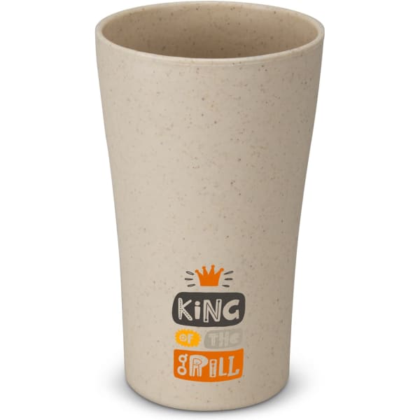A drink cup in a natural beige colour featuring a logo and a playful design.