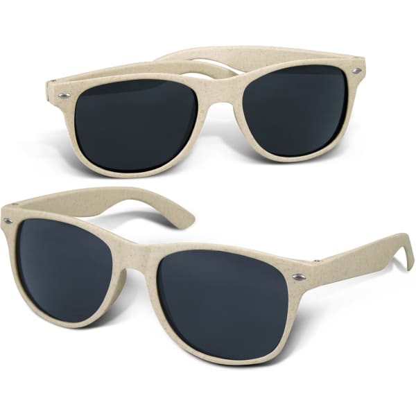 Natural-coloured sunglasses with grey lenses, featuring a logo on the side.
