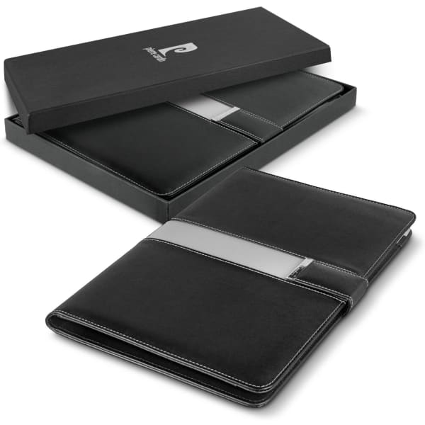 A black portfolio with a sleek design, presented in a black box, featuring a logo and an inner pocket.