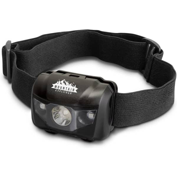 A black headlamp torch with an adjustable strap and a logo on the front. Ideal for outdoor activities.