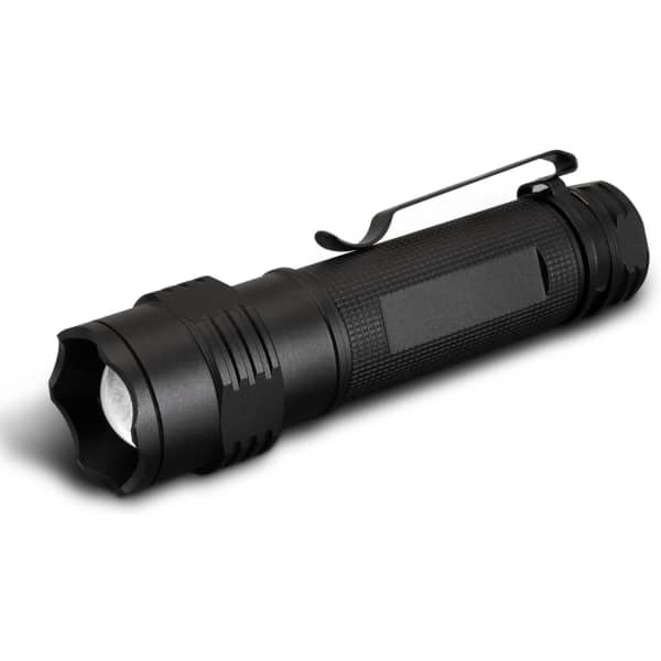 A black torch with a textured grip and a clip for easy attachment. It features a bright white LED light.