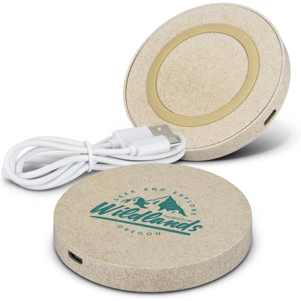 A round, beige wireless charger with a logo and a USB charging cable.