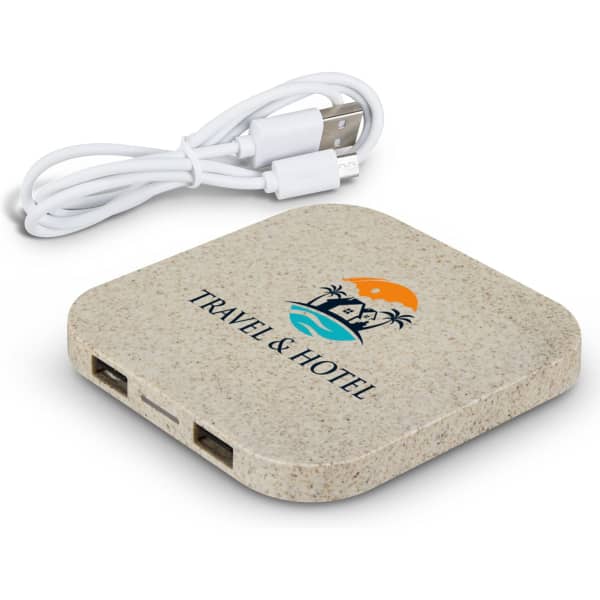A square, sandy-coloured wireless charger with a logo and a USB charging cable.