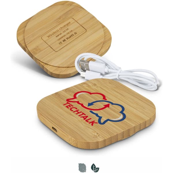 A square bamboo wireless charger featuring a logo, including a cable for charging.