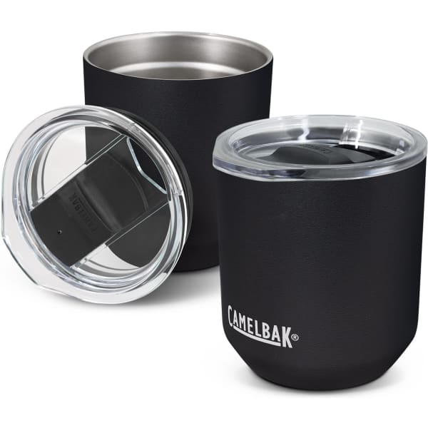 A drink bottle featuring a matte black exterior, stainless steel interior, and a clear, fitted lid. It includes branding.