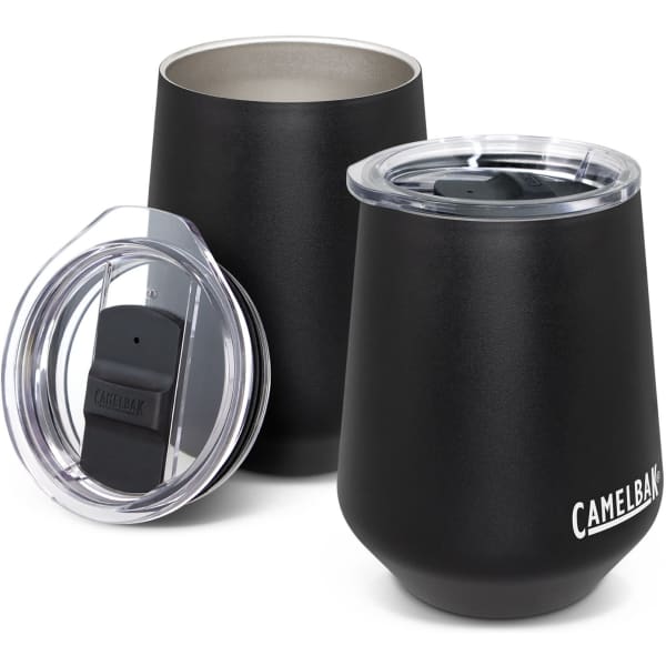 A drink bottle featuring a black stainless steel exterior, a clear lid, and a branded logo. It includes a matching tumbler.