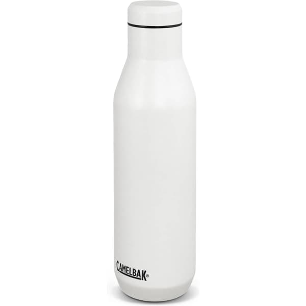 A drink bottle with a stainless steel design, featuring a white finish and a black logo at the base.