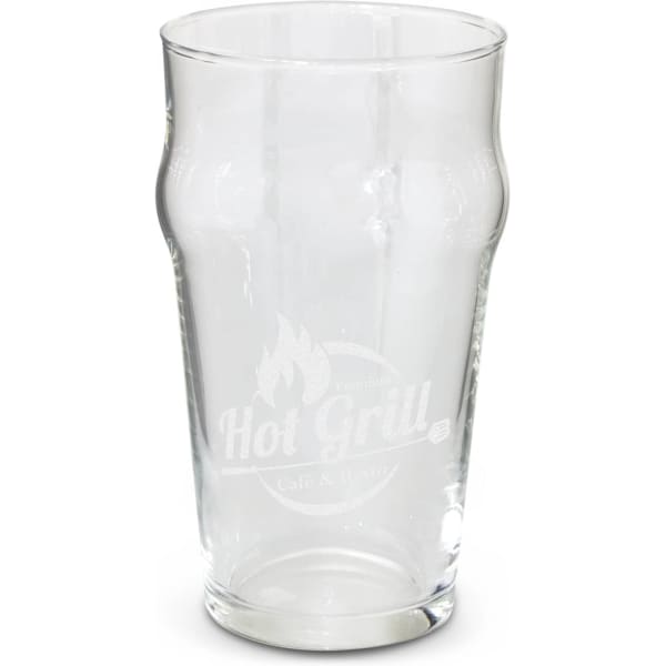 A clear glass beer mug with a slightly curved shape and a logo on the side.